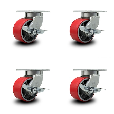 Service Caster 6 Inch Heavy Duty Red Poly on Cast Iron Swivel Caster Set with Brakes, 4PK SCC-KP92S630-PUR-RS-SLB-4